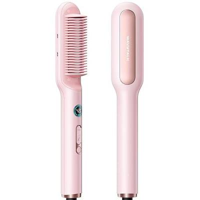 Wavytalk Hair Straightener Brush, Sleek Sweep Ionic Straightening Brush | Anti-Scald Ceramic Straightener Comb with LED Display for Super Smooth hair, Dual Voltage, Pink.