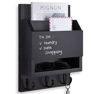 Key and Mail Holder for Wall, Key Holder with Chalkboard and Long Storage Box, Key Hanger with 3 Sturdy Hooks for Coat, Dog Leash, Entryway Mail Organizer (Black)