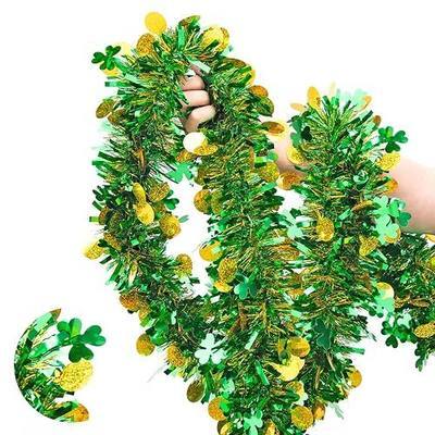 33FT St. Patrick's Day Tinsel Garland Shamrock Clover Green Gold Metallic Twist Foil Tinsel Garland Hanging Garland for St. Patrick's Day Party Indoor Outdoor Decoration
