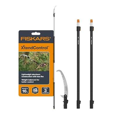 Fiskars XtendControl 16' Tree Pruner with 15" X3 Double-Hooked Saw, Two 4-8 Ft Extension Pole, Lightweight Aluminum Pole Saw for Fast Cutting with Sawdust Reliefs, Secure Locking System, Orange