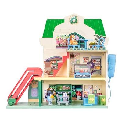 Bluey and Bingo Supermarket Playset, Escalator & Sounds, 15 Pieces | 3 interactive levels, rooftop café, 24 sound effects, exclusive Bingo & Bluey figures; pretend play for kids ages 3+