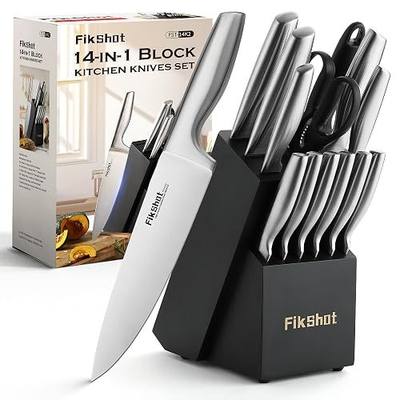 FIKSHOT Kitchen Knife Set, German Stainless Steel kitchen knives | 14-Piece Includes Knife Block Set & Sharpener, High Carbon, Rust-Resistant, Ergonomic Handle for Cooking, Grilling & Gifting