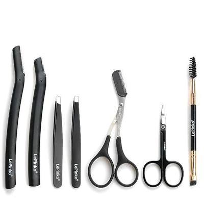 Eyebrow Trimmer Kit, 7 in 1 Eyebrow Scissors, Tweezer, Razor, Brush - Black | For Women Men, Gifts for Stocking Stuffers