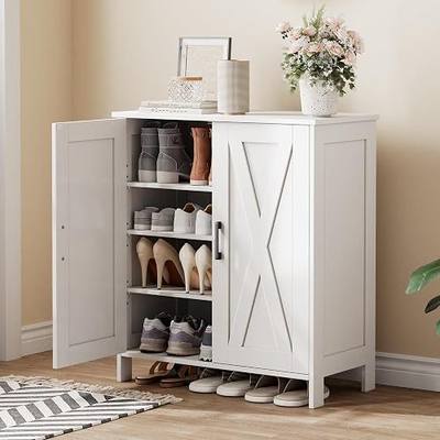 Homleke Farmhouse Shoe Cabinet with 2 Barn Doors & Wood Legs | Tall 4-Tier Shoe Storage Cabinet, 3 Adjustable Shelves, Shoe Rack Organizer, for Entryway, Hallway, Closet, White