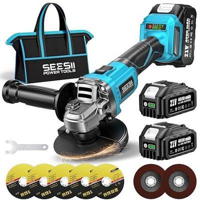 SEESII Cordless Angle Grinder 4-1/2 Inch, 10000RPM Brushless Motor | 21V Battery Grinder Tool with 2X 4.0Ah Batteries, 10000RPM for Metal Cutting, Grinding, Polishing, Rust Removal