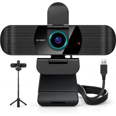 Pro HD 1080p/30fps Webcam with Tripod, External USB Camera for PC/Laptop | Dual noise-cancelling mics | Auto-focus | Wide-angle | Low-light correction | 360° rotation | CMOS sensor | Plug and Play