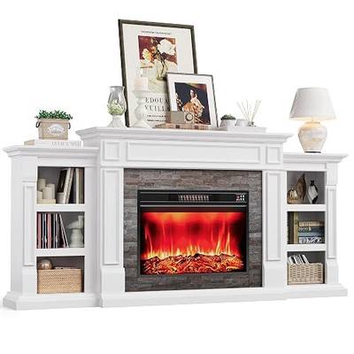 80" Electric Fireplace with Mantel, Fireplace TV Stand for TVs Up to 90 Inch, Modern Entertainment Center with Storage, Realistic Stacked Stone Surround with Remote Control for Living Room, Bedroom