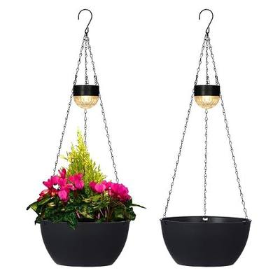 BAYN 2 Packs Solar Hanging Basket Planters for Plants Outdoor | Self Watering, Black Flower Pots with Solar Light , Hanging Planters with Drainer for Balcony Patio Garden Decoration