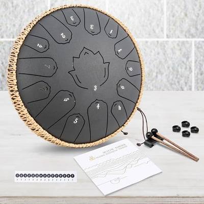 Steel Tongue Drum 13 Inch 15 Notes,Hand Drums with C-Key Travel Bag Drumsticks Holder Finger Paddles and Music Book,Handpan Percussion for Musical Education Meditation Yoga Gifts (Jet Black)