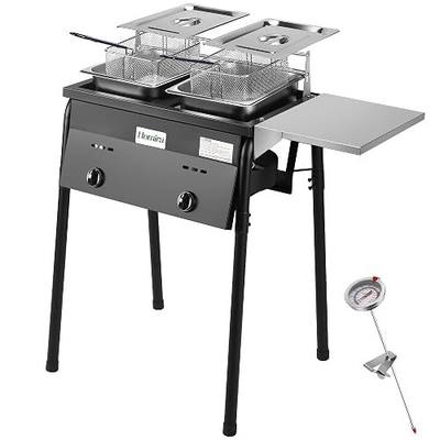HOMIRA Iron Two-Tank Propane Deep Fryer with Thermometer, 2 Stainless Steel Baskets and Lids Fish Fryer with Adjustable Temperature Regulator, Outdoor Dual Fryer for Frying