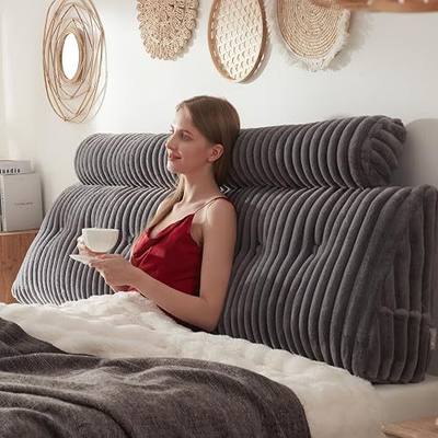 Headboard Pillow + A Long Neck Roll Pillow Body Pillow,Faux Fur Headboard Wedge Pillow with Removable Cover (Gray, King:76x8x20 inches)