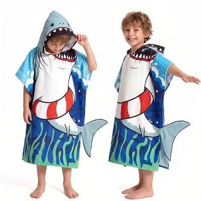 OLAOLA Kids Surf Poncho Beach Towel - Microfiber Printed Shark Hooded Wearable Swim Towel for Boys Girls Ages 3-12 Years