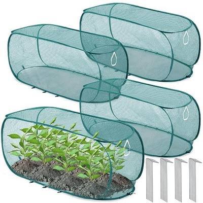 Threehoney 4 Pcs 39" x 18" x 16" Pop up Garden Mesh Plant Cover Outdoor Plant Protector Garden Row Raised Bed Cover with Ground Nails Crop Cage Net for Seedlings Vegetable Fruit Herbs (Dark Green)