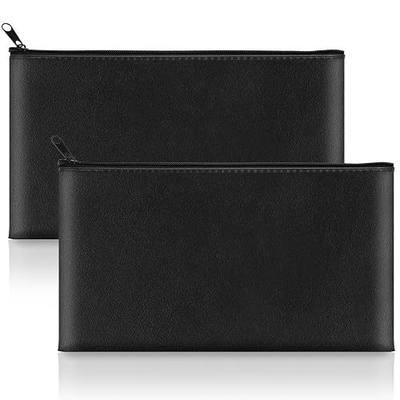 2 Pack Money Bags with Zipper, 11x6.1 Inch Cash Pouch Bag | Black PU Leather Secure Bank Bag for Coins, Bills, Checks, Invoices, Cosmetics, Tools