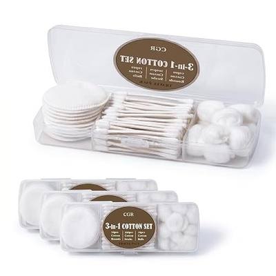 CGR Travel Cotton Swabs, Rounds & Balls Set with Reusable Box, 3 Packs | Ultimate Makeup Kit, All-in-one set for ear cleaning, cosmetics, makeup & nail polish removal. Compact & travel-friendly