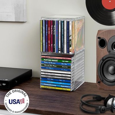 STORi Stackable Clear Plastic CD Organizers (2 Pack) Cube Jewel Case Holders Perfect for Theatre Room | Holds up to 12 CD Cases per Organizer | Made in USA