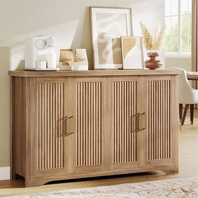 Memobarco 55" Fluted Sideboard Buffet Cabinet with Storage,Natural Oak | Modern Credenza with 4 Doors & Adjustable Shelves,Coffee Bar Table Console for Dining Room Kitchen Living Room Entryway
