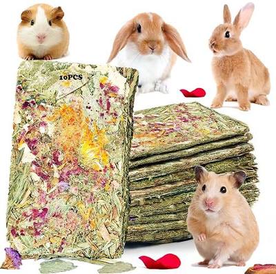 10pcs Rabbit Timothy Hay Chew Toys with Herbal Flowers for Small Pets | Natural hay chips with flowers. Guinea pig hamster chinchilla treats, interactive small pet chew bundle for playtime.