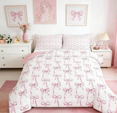 Feelyou Cute Pink Bowknot Comforter Set for Kids Boys Girls - Watercolor Bow King Size Bedding Set - Coquette Bedroom Decor Duvet Quilt Set 3Pcs