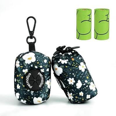 Petmolico Dog Poop Bag Holder Dispenser 2 Pack, Cyan & Flower | Zippered pouch fits any leash, includes free roll of bags, lightweight & portable for daily walks, travel & outdoor use