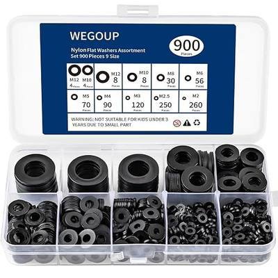 WEGOUP 900-Piece Nylon Flat Washer Assortment Kit Black Plastic Flat Washers for Bolts and Screws (M2-M12), Assorted Screw Washers Washer Set for Household & Industrial Use