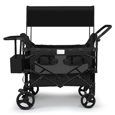 VOOI Stroller Wagon 4 Seater, Wagon for Kids, Collapsible W4 Stroller with Seats with 5-Point Harnesses, Easy Access Zipper Door, and Removable Sun Canopy (Black, W4-Large)