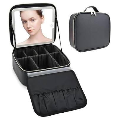Travel Makeup Bag with LED Mirror Travel Makeup Organizer with 3 Lighted Settings, Adjustable Dividers and Makeup Brush Storage Bag Black