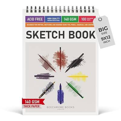 BEECHMORE BOOKS 9"x12" Spiral Bound Sketchbook - 100 Perforated Sheets 140 GSM (95lb) Acid-Free White Paper, Premium Professional Artist Sketch Pad, Art Supplies for Adults Students Drawing Notebook