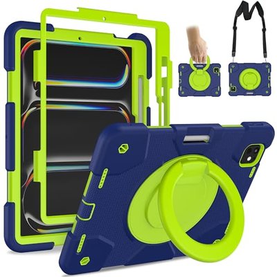 Andnary Case for iPad Air 11 inch Case M4/M3/M2 (2026/2025/2024), Heavy Duty Shockproof Cover with Screen Protector, 360° Rotating Stand, Pencil Holder, Shoulder Strap (Navy+Blue)