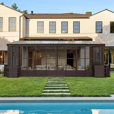 Domi 12x20FT Sunroom, Wall Mounted Sunroom Kit with Galvanized Steel Sloping Roof, Outdoor Sunroom Gazebo with Detachable PC Screen, 3 Sliding Double Doors, Lean to Sun Room for Patio, Deck