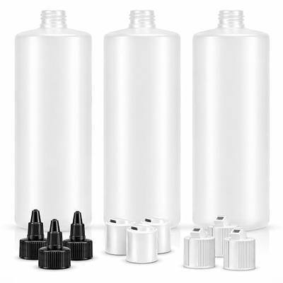 Bar5F 1 Liter 33.8oz 3-Pack Large HDPE Plastic Bottles, 9 Caps in 3 Styles | Pump, squeeze, and squirt caps for bleach and detailing chemicals; BPA-free for shampoo, conditioner, body wash