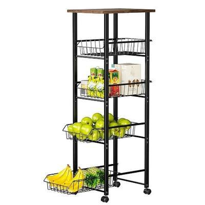 Delamu Fruit Vegetable Basket for Kitchen,5 Tier Kitchen Organizer and Storage Cart with Wheels,Slide-Out Baskets and Wood Top,Pantry Storage cart W11-4/5*D16-7/16*H42-7/16
