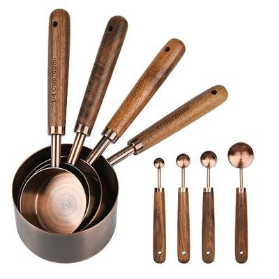 Copper Measuring Cups & Spoons Set 8, Stainless Steel Measuring Cups and Spoons Set for Baking and Kitchen, Metric & US Metal Measure Cup & Spoon with Wood Handle for Dry & Liquid
