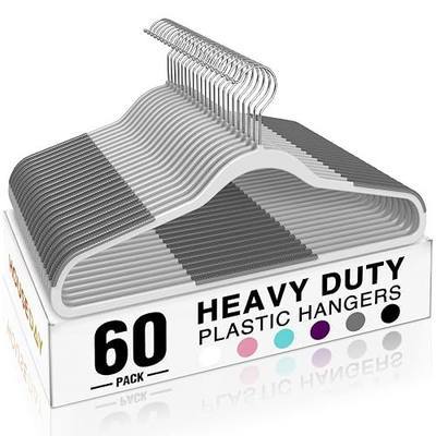 HOUSE DAY Heavy Duty Plastic Hangers 60 Pack, Non Slip Clothes Hangers with Rubber Pads and 360° Hook - Thin 0.2 Inch, Space Saving Coat Hanger Grey, Closet Organizer for Shirt, Pants, Suit, Skirt