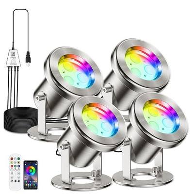 LyLmLe LED Pond Lights with APP Control, 6W SS316 Stainless Steel RGB Underwater Fountain Light with 12V Transformer, IP68 Waterproof Outdoor Underwater Lights for Pond Waterfall, Black Wire(4-Spots)