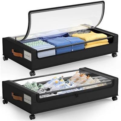 LAMU Under Bed Storage with Wheels, 2 Pack Under Bed Storage Containers with Clear Lid, XXL 60 L Underbed Storage Bins, Rolling Under Bed Metal Drawers for Clothes, Blankets, Shoes, Black