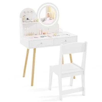 HONEY JOY Kids Vanity, Little Girls Vanity Set with Mirror and Stool and Lights, Drawers, Toddler Makeup Vanity Dressing Table, Wooden Pretend Play Kids Vanity Table and Chair Set (White)