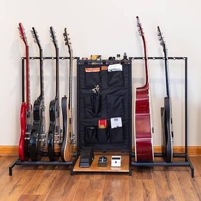 StoreYourBoard The Headliner Guitar Rack, 10 Storage Slots, Multiple Guitar Floor Stand for Acoustic and Electric, Black Canvas Storage Pockets, Hardwood Shelf
