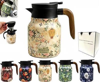 Vintage Floral Pattern Teapot with infuser, Tea pot with infusers for loose tea, Stainless Steel Thermal Carafe with Lid for Hot Drinks(Pink, Wooden handle)