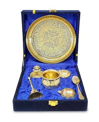 NOBILITY Brass Pooja Thali Set with Blue Gift Box 6 Inch Pital Plate Kalash Spoon Chandan Wati Dhup Dan Kuber Diya Ghanti Puja Arti Thali for Diwali Home Office Mandir Wedding Return Gifts