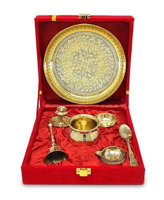 NOBILITY Brass Pooja Thali Set with Red Gift Box 6 Inch Pital Plate Kalash Spoon Chandan Wati Dhup Dan Kuber Diya Ghanti Puja Arti Thali for Diwali Home Office Mandir Wedding Return Gifts