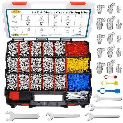 315 PCS Grease Fittings Assortment, SAE & Metric Zerk Grease Fittings Straight 45 90 Degree with Plastic Grease Fitting Cap, Wrench Kit(7-11mm) for Grease Gun Included, Red Box