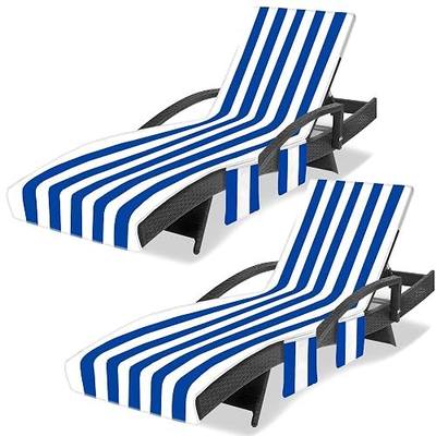 Lounge Chair Towel Cover, Beach Chair Covers (Pack of 2), Chaise Lounge Cover with 3 Pockets for Pool Beach Garden Courtyard Outdoor Trips, 85 x30 in, Striped Dark Blue