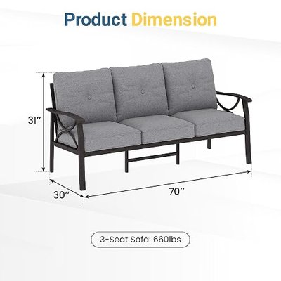 RoyalCraft Patio 3 Seats Sofa, All-Weather Outdoor Couch, Patio Furniture Sofa,Khaki Metal Furniture with Gray Cushions