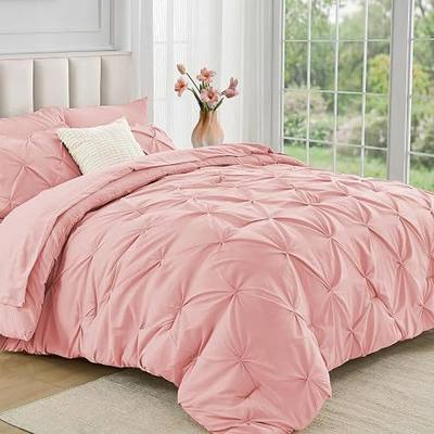 JOLLYVOGUE Queen Comforter Set 7 Pieces - Bed in a Bag Queen for All Season, Pintuck Bedding Comforter Sets with Comforter, Flat Sheet, Fitted Sheet and Pillowcases & Shams, Pink