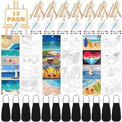 Motipuns 12 Set Pre Drawn Canvas for Painting for Adults Sip and Paint Kit with Easels 8 x 10 Inches Paint Party Kit with Printed Canvas Paints Brushes Palette Bag Apron(Beach)