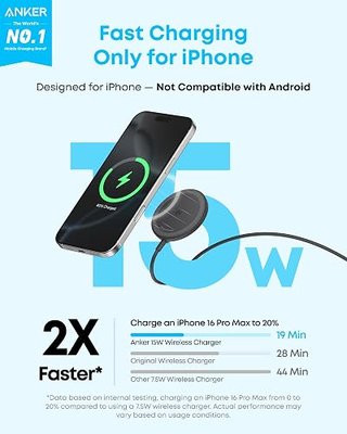 Anker Zolo MagSafe-Compatible Wireless Charger with Qi2 15W Fast Charging | Qi2-Certified Charging Pad, for iPhone 17 / 16 / 15 / 14 / 13 Series, AirPods (1-Pack, Not for Pixel, Adapter Not Included)