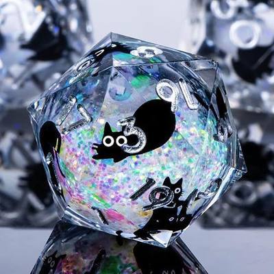 Roycevon Resin DND Dice Set with Gift Box, 7Pcs Liquid Core Cat D&D Dice, Cute Dungeons Dragons D and D Dice, Sharp Edge Role Playing Game Dice D20 D12 D10 D8 D6 D4, Rainbow White