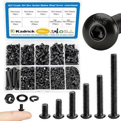 Kadrick 595Pcs M4 Screw Assortment,Machine Screws with Nuts Washers, Grade 10.9 Alloy Steel Hex Socket Button Head Black M4 Bolts Kit,Lenth Form 6mm-30mm