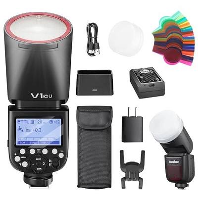 Godox V1C USA V1-C U Round Head Flash for Canon TTL Hot Shoe Flash 2.4G X Wireless HSS 1/8000s 2980mAh Lithium Battery LED Modeling Lamp Shot Speedlight with Tri-Color Diffuser for Canon(USA)Black-Red